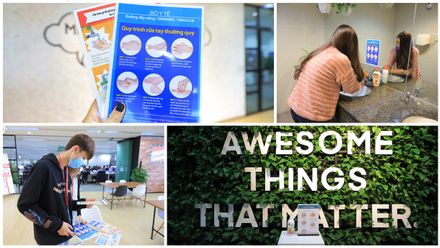 Dịch Covid-19: Nước rửa tay, poster hướng dẫn phòng bệnh được đặt khắp văn phòng, nhắc Sunners không chủ quan với dịch!